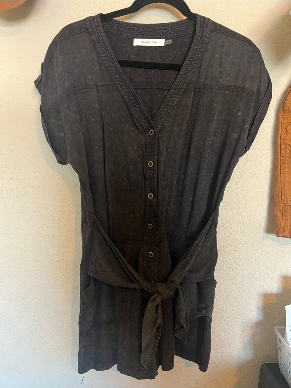 Mustard Seed Charcoal Button-Front Short Sleeve Romper with Tie Waist
